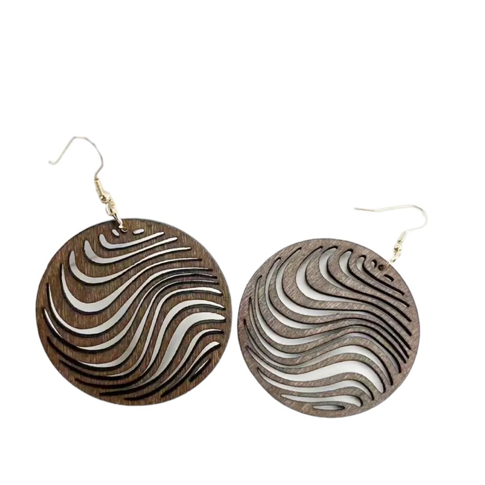 Boho Brown Cut Wood Circle Swirl Drop Style Earrings